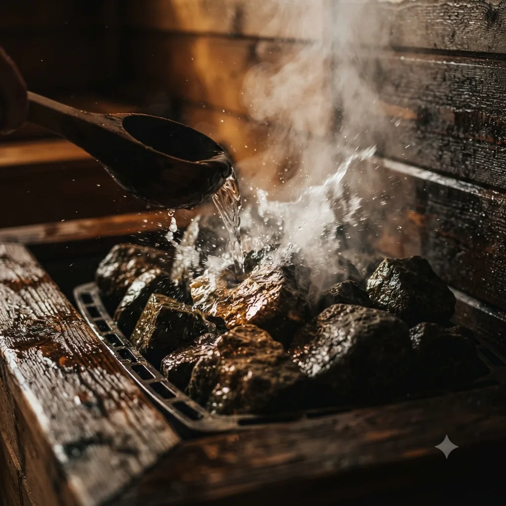 A wooden ladle pouring water over dark sauna stones in a metal heater tray, with steam rising against wet wooden planks.