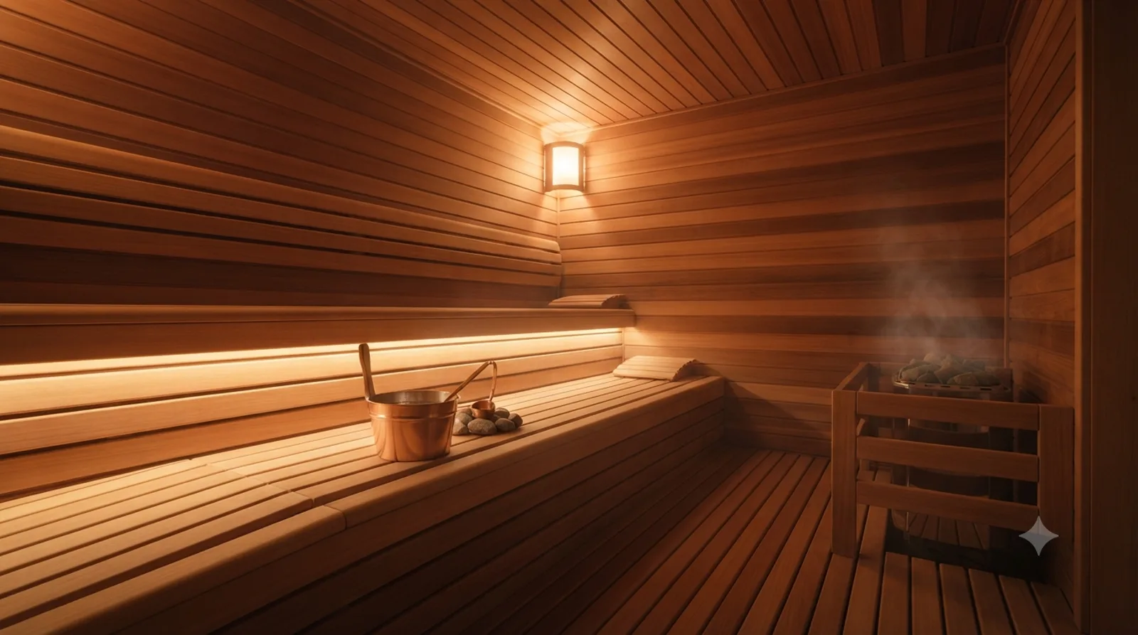 The interior of a wood-panelled home sauna: tiered plank benches along one wall, a lit wall lamp, a stone-topped heater, and a wooden bucket and ladle beside the glass door.
